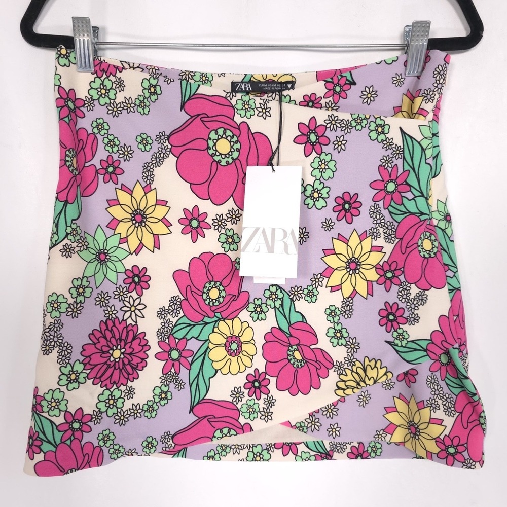 ZARA New Floral Mini Skirt MEDIUM Multicolor Stretch Women’s 8342/008 ROMANIA - Picture 4 of 16